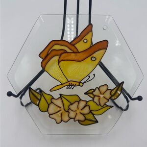 Vintage Stained Glass Yellow & Orange Butterfly Floral Sun Catcher 9”x8”